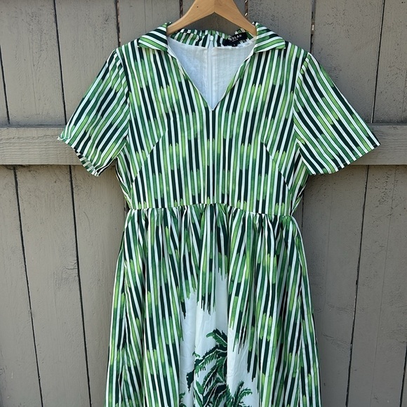 Beulah Style Florida Green Palm Fit and Flare Dress Tropical Hawaiian Vacation L - Picture 2 of 7